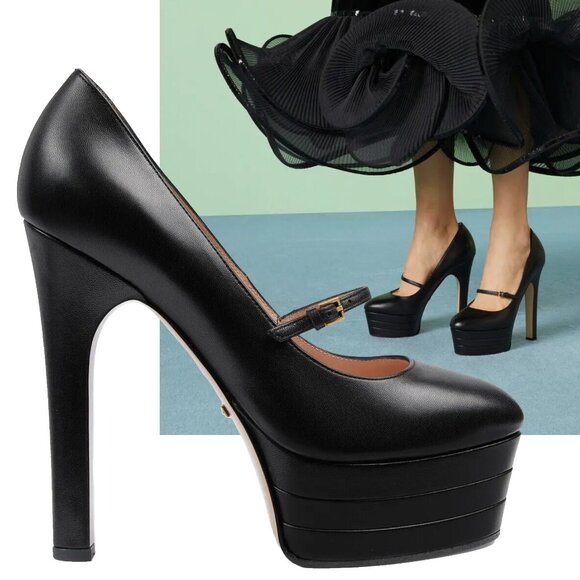 GUCCI SHOES ANGEL MARY JANE PLATFORM HIGH HEEL LEATHER PUMPS sz IT 39.5 / US 9.5 - Picture 1 of 15